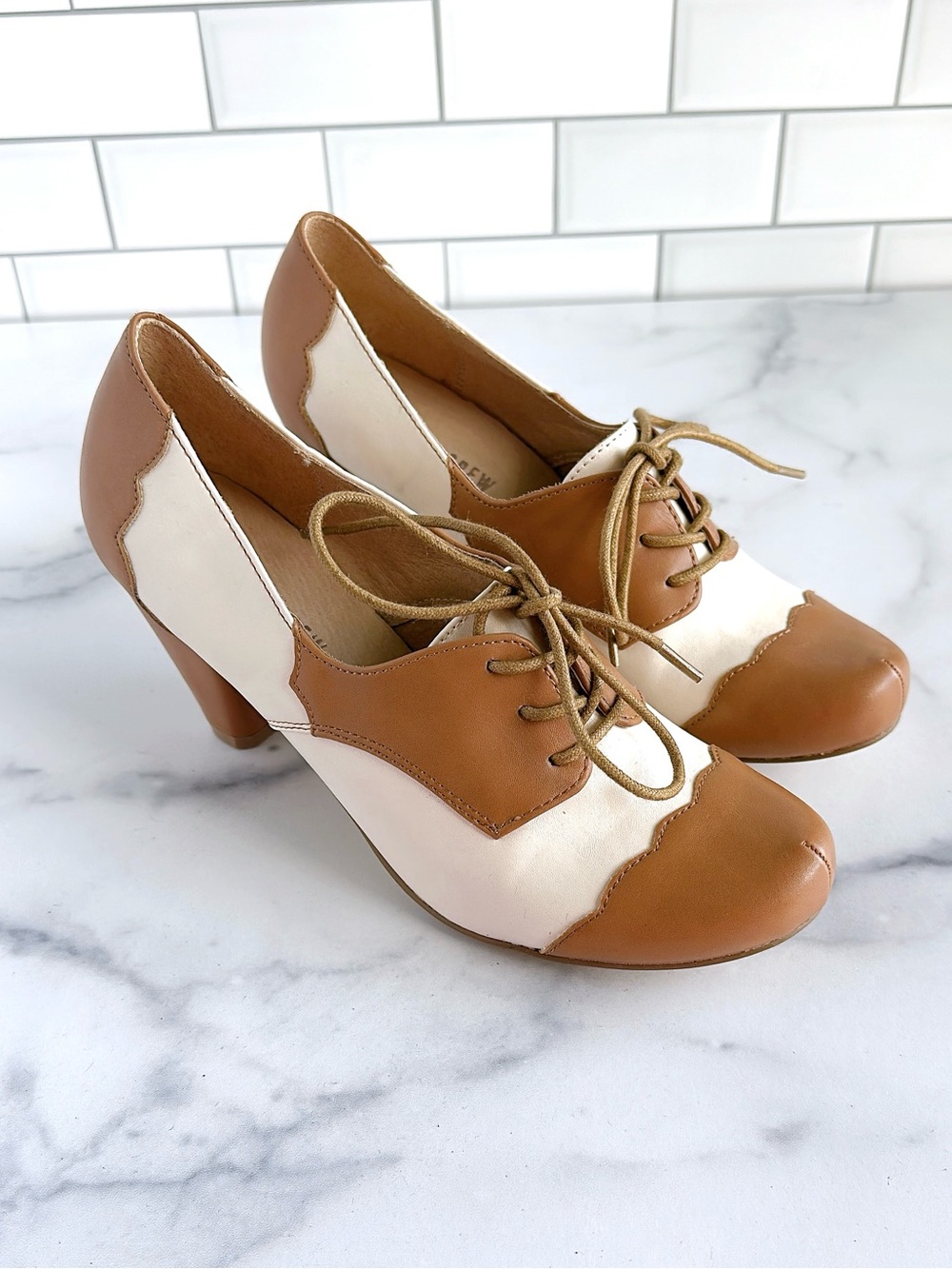 chelsea crew Two-Tone Lace-Up Heels in Cream and Tan